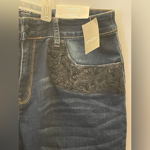 Chicos Size 1 Reg.Platinum Relaxed Ankle Dark Wash Beaded Lace Jeans, US Size 8 - Picture 3 of 11